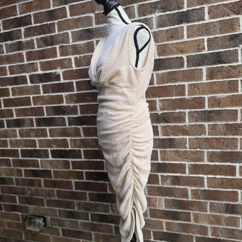 Cream Asymmetrical Ruched Midi Dress - Picture 3 of 7